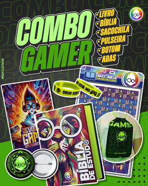 COMBO GAMER - PULSEIRA GAMER + BÍBLIA DE ESTUDOS + SACOCHILA + DEVOCIONAL GAMER + BOTTOM + ABAS